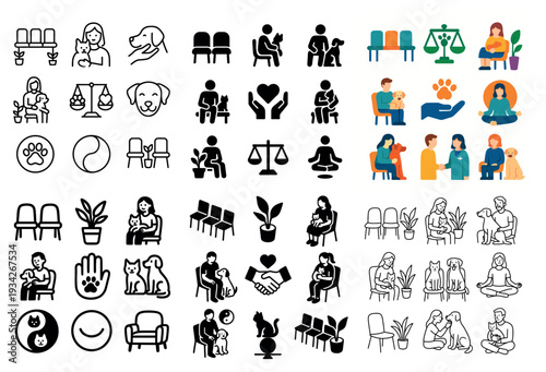 Pet care icons with chair dog cat minimal