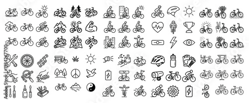 Cycling icons with helmet wheel rider outline minimal