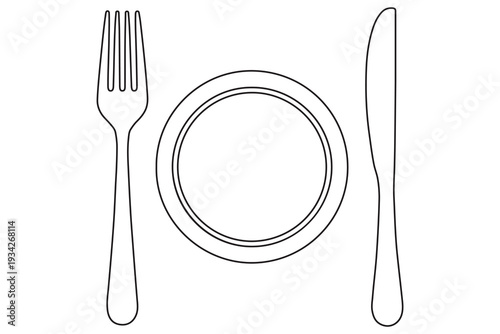 Continuous one line drawing of plate with fork and knife outline illustration
