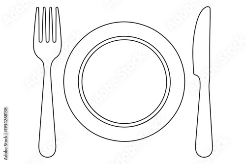 Continuous one line drawing of plate with fork and knife outline illustration

