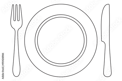 Continuous one line drawing of plate with fork and knife outline illustration
