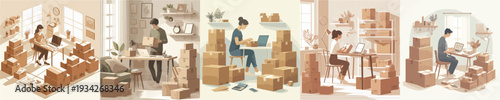 Vector of Small Business Owner Packing Orders