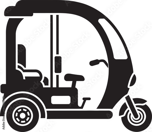 Silhouette of a motorised rickshaw three wheeler vehicle for urban transport and city taxi services.