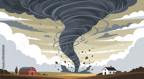 Illustration of a large tornado approaching a rural landscape with a house and barn