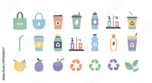 Eco-Friendly Lifestyle Icons Set: Sustainable Packaging, Reusable Containers, and Recycling Symbols in Flat Minimalist Design