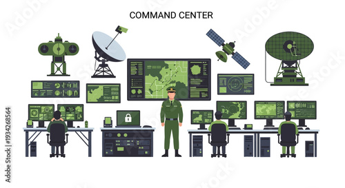 Illustration of a military officer standing in a command center with various computer screens and satellite equipment.