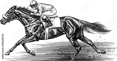 Horse-and-rider silhouette vector illustration of a jockey riding a galloping horse.