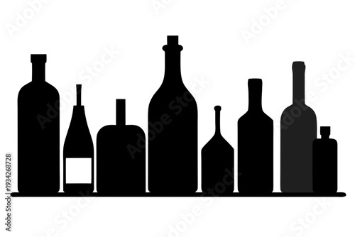 Variety Bottles for Wine Spirits and Beverages, glass container silhouette vector