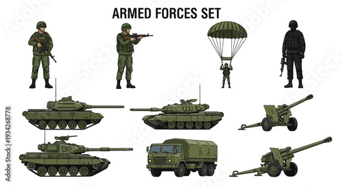 Military vehicles and personnel illustrations with a soldier parachuting in a green color scheme.