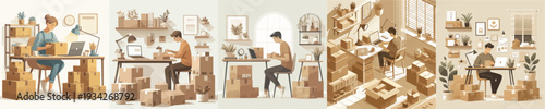 Vector of Small Business Owner Packing Orders