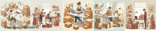 Vector of Small Business Owner Packing Orders