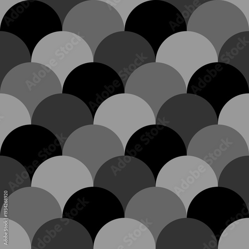 Fish scale wallpaper. Asian traditional ornament with repeated scallops. Repeated white curves on black background. Seamless surface pattern design with semicircles. Grid motif. Digital paper. Vector