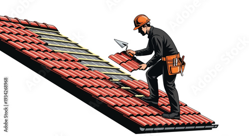 Roofer installing red shingles on a sloping roof with a hammer and tool belt
