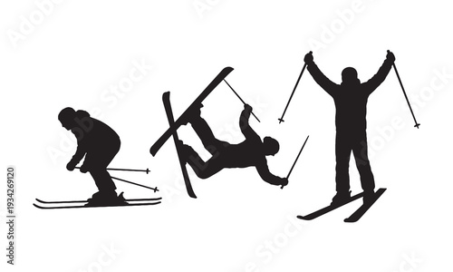 Collection of three diverse ski action silhouettes against a white background depicting different skiing moments