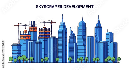 Flat illustration of a city skyline with skyscrapers and construction cranes in various shades of blue against a white background.