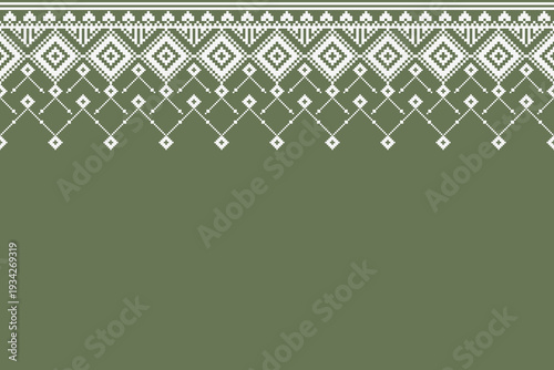 Green and white geometric folk top border pattern with pixel-style diamonds and hanging ornaments. Wide open lower space suitable for textile panels, fabric trims, decorative layouts, and background d