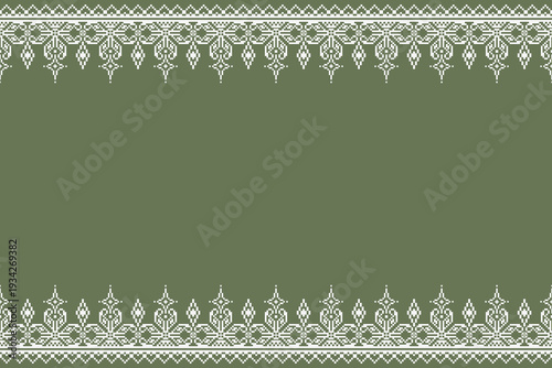 Green and white geometric folk border pattern with symmetrical top and bottom bands and vertical hanging ornaments. Wide open central space suitable for textile panels, fabric trims, layouts, and back