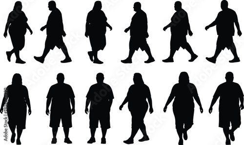 Overweight people walking silhouettes set plus size men and women body shape collection isolated vector illustration