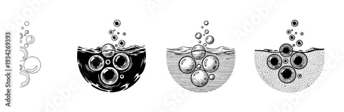 Bubbles in liquid are shown in four distinct artistic styles, illustrating different engraving and drawing techniques for effervescence.