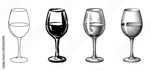 Four distinct wine glasses illustrated in various artistic styles, showcasing different drawing techniques for beverage concepts.