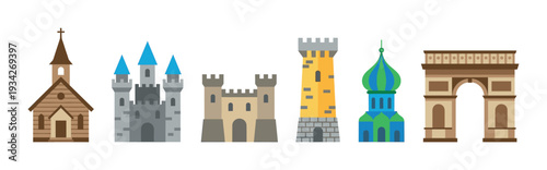 Various architectural buildings and famous landmarks collection illustration showcasing different historical structures from around the world.
