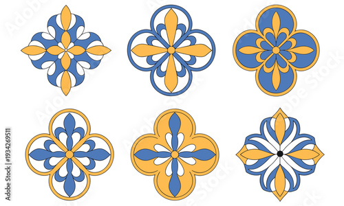 Six intricate blue and gold ornamental patterns are presented, exuding traditional elegance with clear definition on a pure white backdrop.