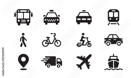 Collection of vector icons representing various modes of transportation and travel services