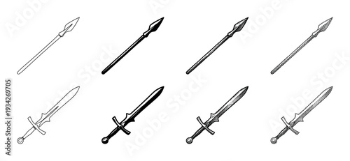 Various medieval spears and swords rendered in different artistic styles, including outline, solid, hatched, and dotted patterns.