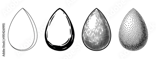 Four stylized seed shapes are depicted using different artistic rendering techniques including outline, brush stroke, hatching, and stippling.