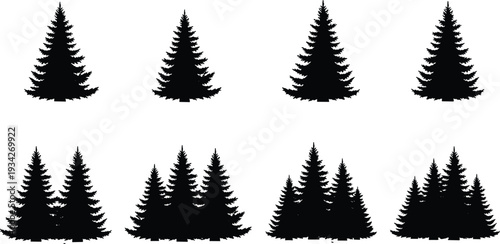 Pine tree silhouette collection with single and grouped evergreen forest shapes, black and white nature landscape illustration set