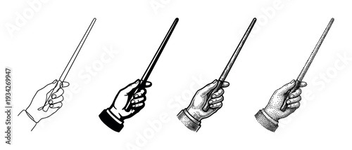 Hand holding a pointer stick or baton in various artistic styles, illustrating guidance and direction.