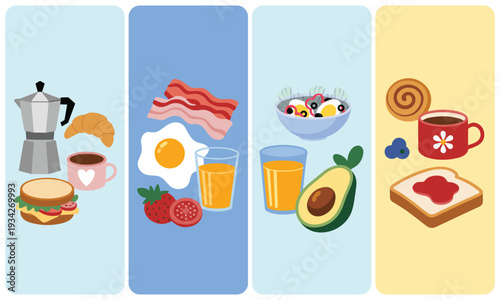 Vibrant flat-design illustration of diverse breakfast and brunch options, savory and sweet, presented brightly on clean segmented backgrounds, evoking a delightful morning.