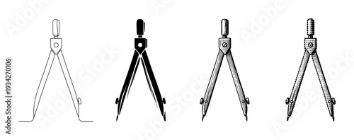 Four different styles of drawing compasses are displayed in a precise and detailed vector illustration.