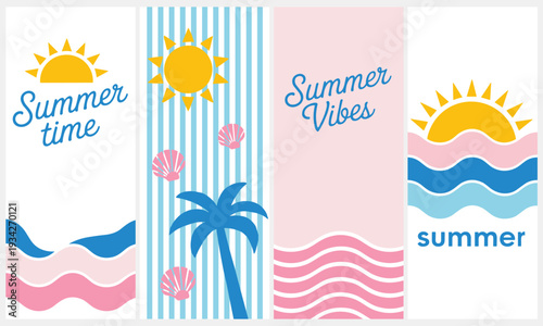 Four summer banners showcasing suns, ocean waves, and tropical elements, evoking joyful vacation feelings in a sunny setting.