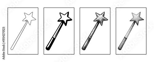 Magic wand star symbol illustration set showcasing different vintage engraving, outline, and stippling artistic styles