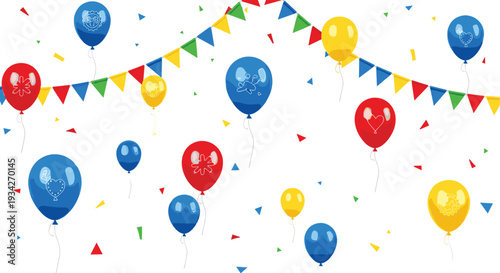 Colorful Party Balloons with Confetti and Bunting Flags Decoration for Birthday Celebration and Festive Event Vector Illustration