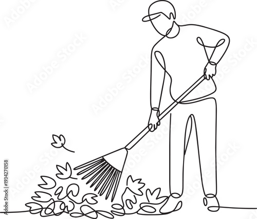 Continuous line drawing of man raking autumn leaves in garden, single line vector illustration design