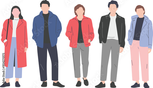 Stylized faceless characters in modern casual fashion outfits, diverse clothing styles, contemporary design, vector illustration highlighting trendy lifestyle apparel