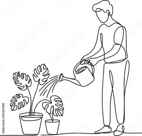 Continuous line drawing of man watering plants, single line vector illustration design concept