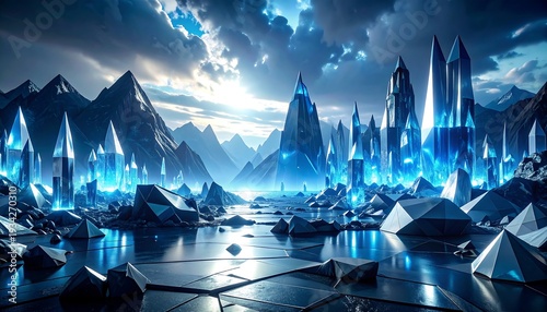 Futuristic cityscape with glowing blue crystal formations amidst rocky terrain under a dramatic cloudy sky