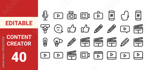 Content creator line editable icon set. featuring icons of various media, content, podcast, blogger, live streaming, social network, 