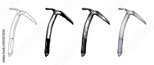Four distinct ice axe illustrations for mountaineering and climbing adventures, showcasing various artistic styles suitable for outdoor sports designs.