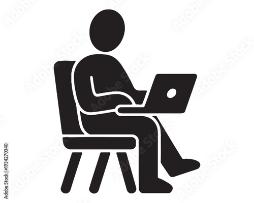 Stylized human figure sitting on a chair using a laptop computer in a simplified graphic design