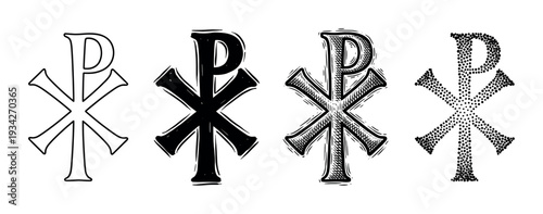 Chi Rho symbol ancient Christian monogram depicted in various artistic styles and textures for religious design.
