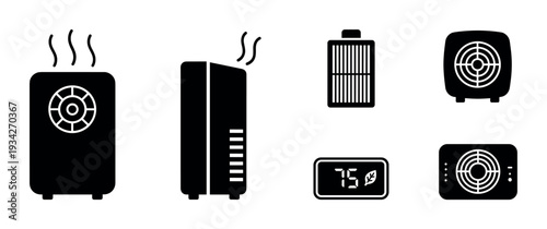 Household air quality climate control device icons collection illustrating essential appliances for comfortable indoor environments.