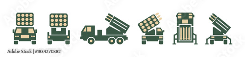 Military missile launchers and rocket systems are depicted in a set of flat design icons illustrating modern defense technology.