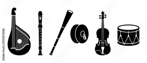 Various musical instruments arranged in a horizontal row depicting string, wind, and percussion categories.