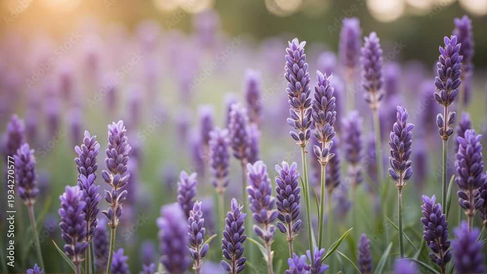 Obraz premium Vibrant Lavender Field Bathed in Golden Hour Light, Capturing Serene Natural Beauty