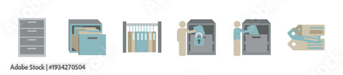 Document management system icons illustrating organization and security for important records and information archiving.