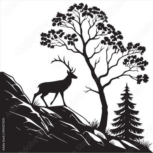 A hand-drawn black vector silhouette of a wild stag with large antlers stands as a majestic nature illustration amidst a dense forest of pine trees